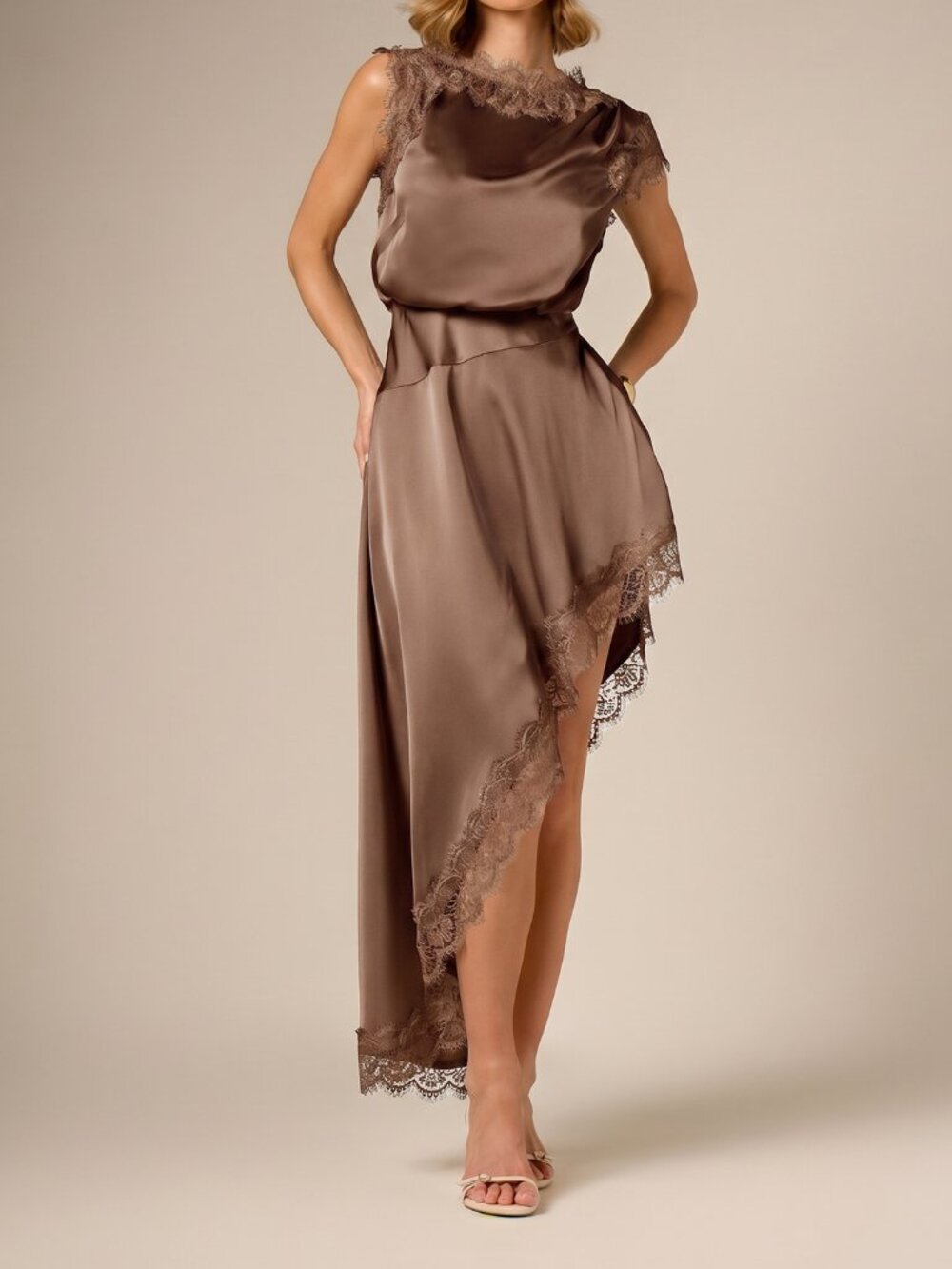 Mocha Brown Elegant Women's Asymmetric Maxi Dress